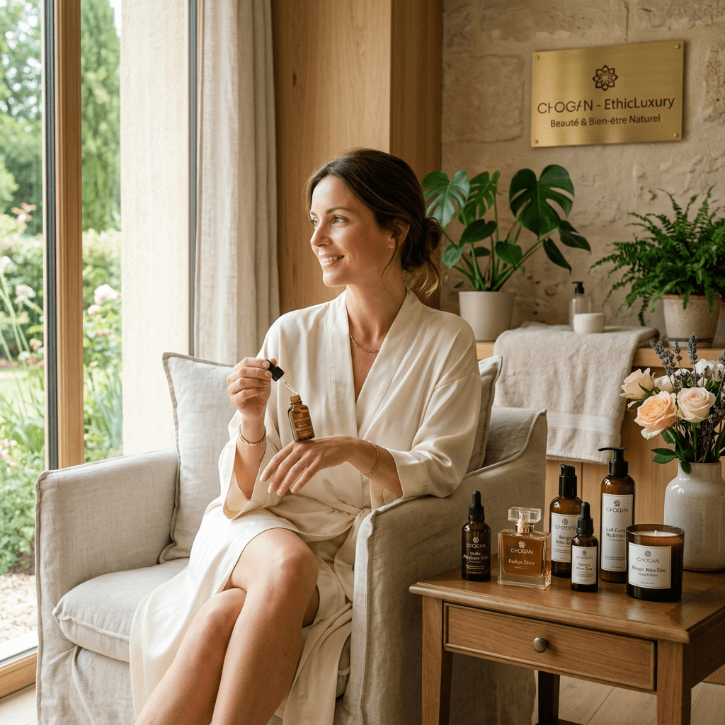 Woman in cream robe applying skincare oil in a bright, plant-decorated room with natural cosmetics on a wooden table